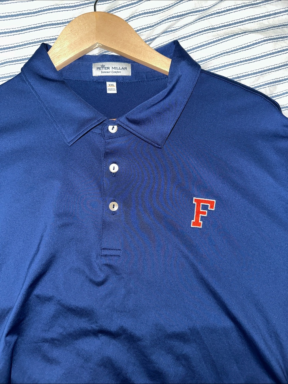Peter Millar Blue Polo with Orange 'F' Chest Embroidery